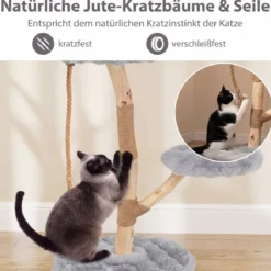90 cm Massivholz Kratzbaum mit 3 Plüschsitzflächen Seil & Kratzpfosten Katzenbaum Katzenturm Grau
