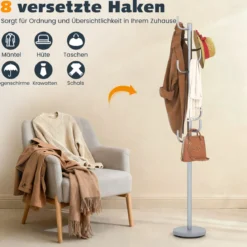 175 cm Moderner Garderobenständer 8-Haken Kaktus-Kleiderständer mit Gewichtsbasis & gebogenen Enden Silber