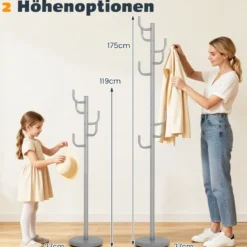 175 cm Moderner Garderobenständer 8-Haken Kaktus-Kleiderständer mit Gewichtsbasis & gebogenen Enden Silber