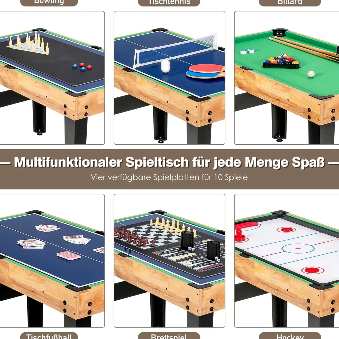 1055 cm Multifunktionstisch 10-in-1 Kombi-Spieltisch mit Tischfußball Hockey Tischtennis Billard