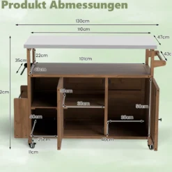 130 cm Outdoor Grillwagen mit Edelstahl-Arbeitsplatte Kücheninsel mit abschließbaren Rollen Küchenwagen Natur