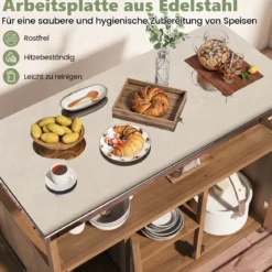 130 cm Outdoor Grillwagen mit Edelstahl-Arbeitsplatte Kücheninsel mit abschließbaren Rollen Küchenwagen Natur