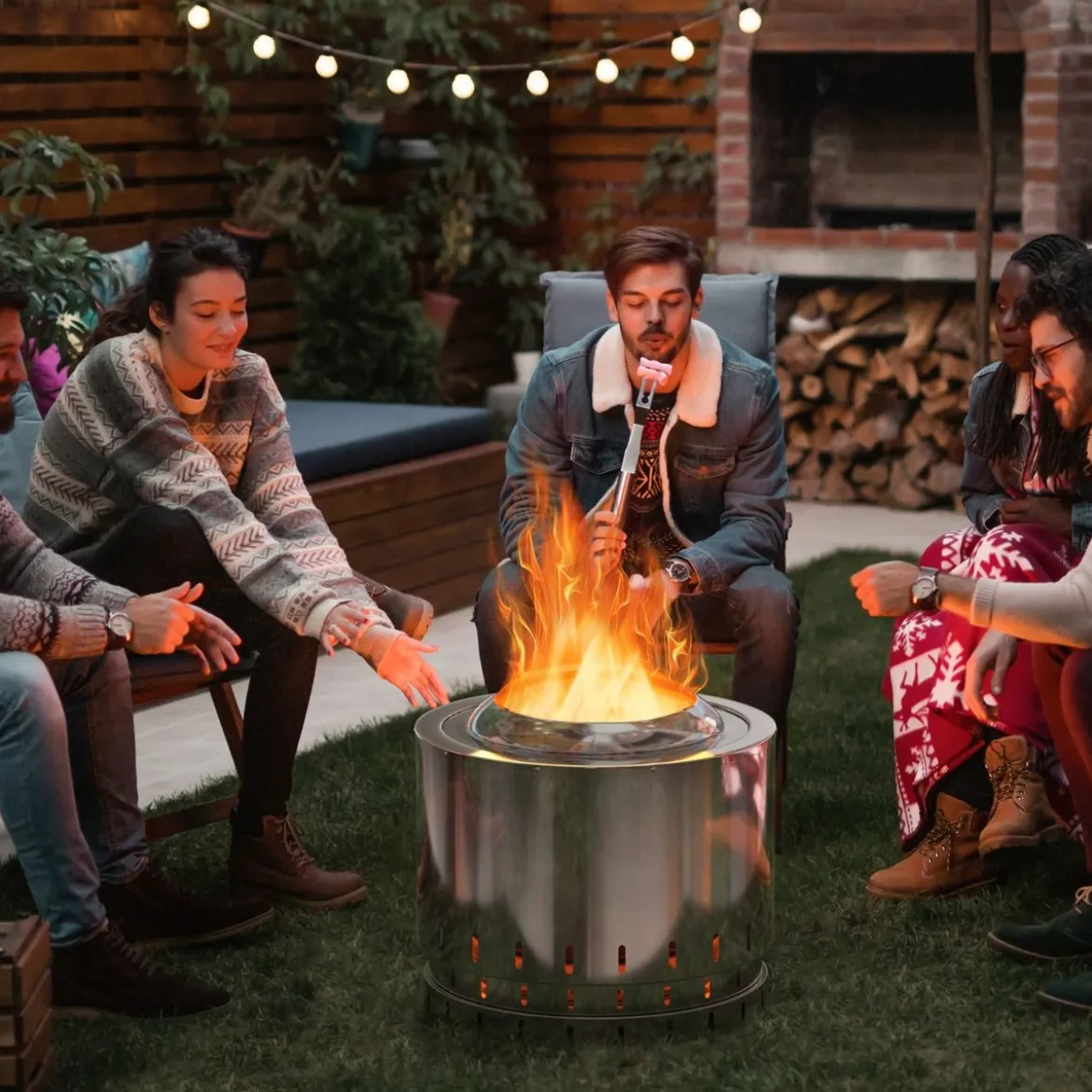 Ø49 cm Rauchfreier Feuerkorb aus Edelstahl für Camping und Garten Silber