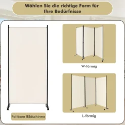 180 cm Raumteiler auf Rädern Klappbarer Paravent mit 3 frei kombinierbaren Paneelen Beige