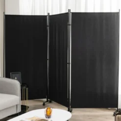 180 cm Raumteiler auf Rädern Klappbarer Paravent mit 3 frei kombinierbaren Paneelen Schwarz