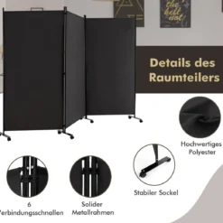 180 cm Raumteiler auf Rädern Klappbarer Paravent mit 3 frei kombinierbaren Paneelen Schwarz
