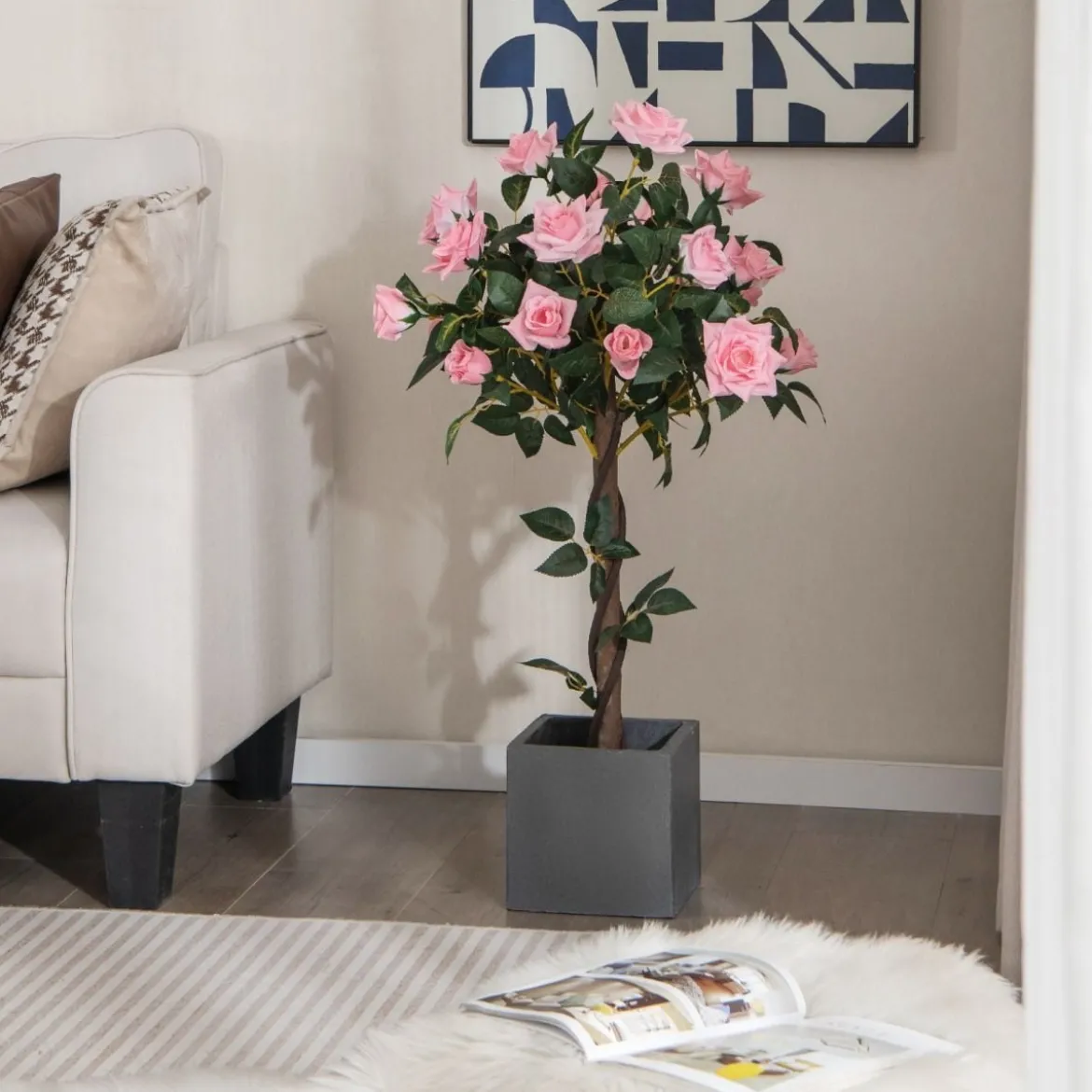 93 cm Rosenbaum mit 21 Kiefernrosen & Natürlicher Stamm Kunstbaum mit Blüten