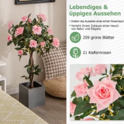 93 cm Rosenbaum mit 21 Kiefernrosen & Natürlicher Stamm Kunstbaum mit Blüten