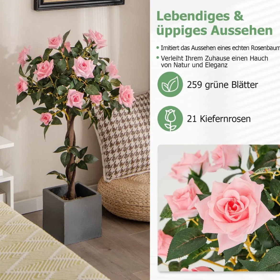 93 cm Rosenbaum mit 21 Kiefernrosen & Natürlicher Stamm Kunstbaum mit Blüten