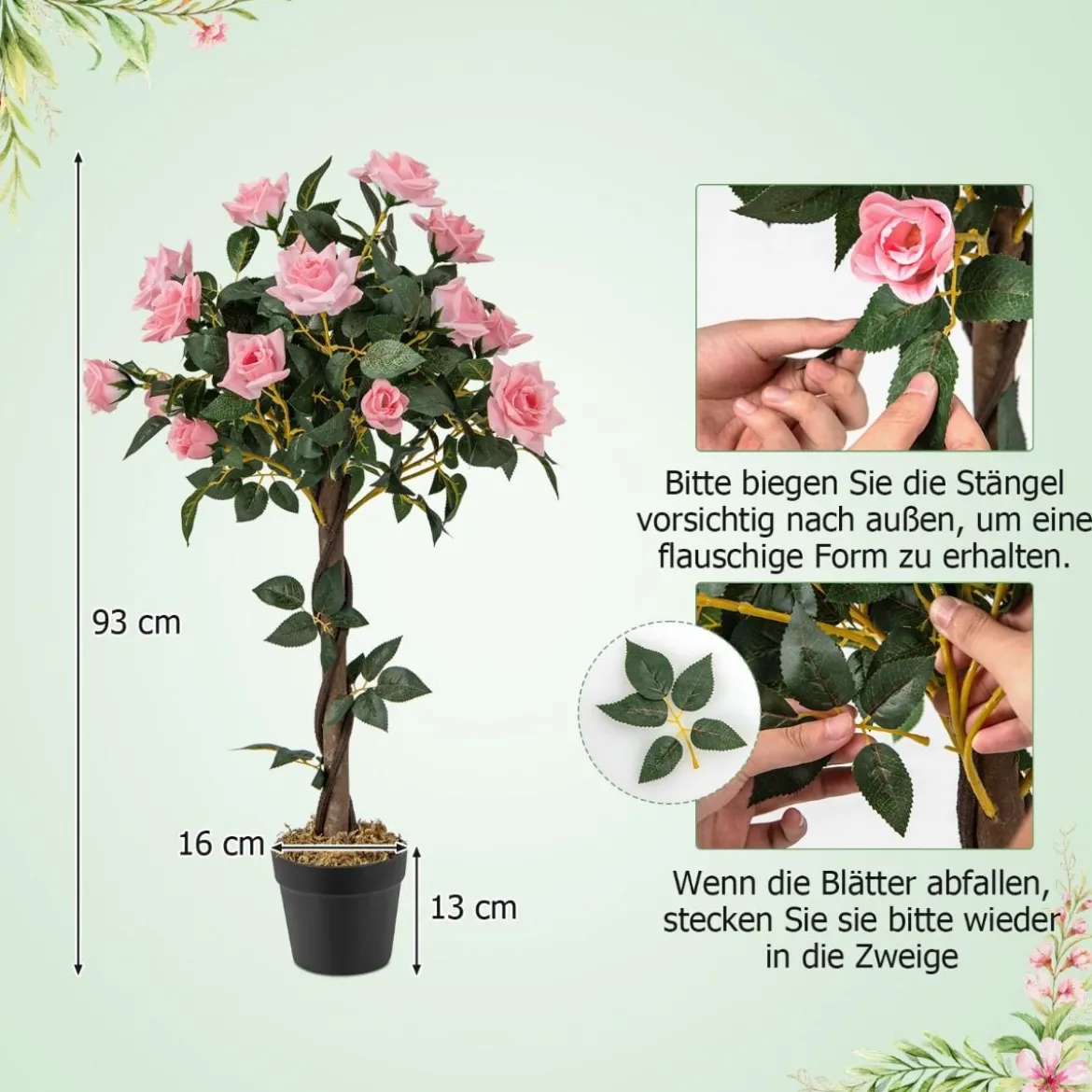 93 cm Rosenbaum mit 21 Kiefernrosen & Natürlicher Stamm Kunstbaum mit Blüten