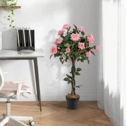93 cm Rosenbaum mit 21 Kiefernrosen & Natürlicher Stamm Kunstbaum mit Blüten
