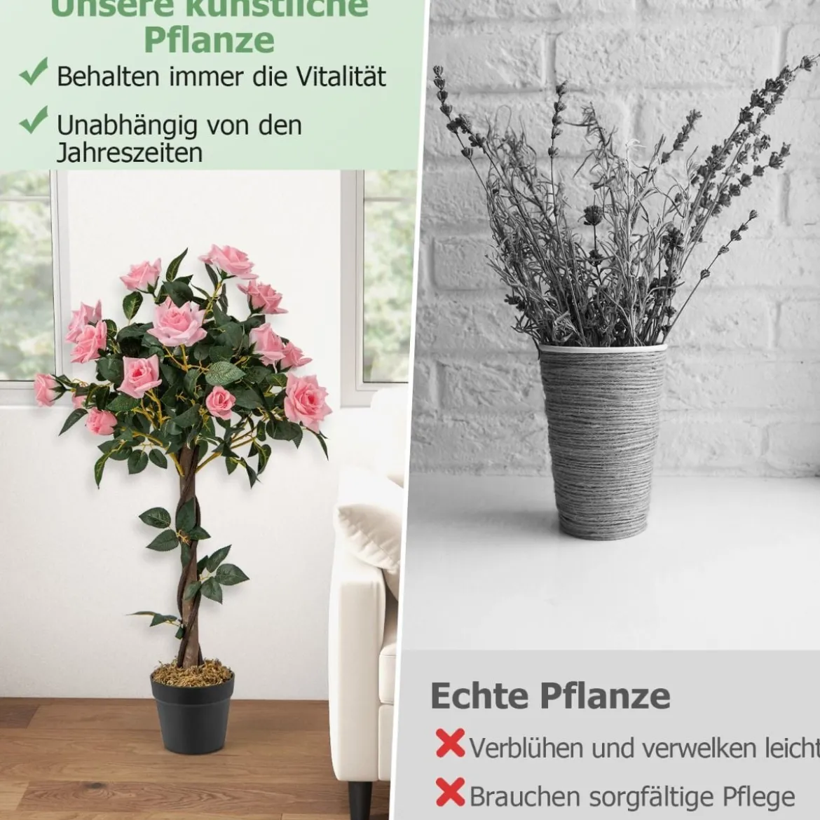 93 cm Rosenbaum mit 21 Kiefernrosen & Natürlicher Stamm Kunstbaum mit Blüten