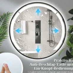 60 cm runder Badezimmerspiegel Badspiegel mit LED-Licht & AluminiumrahmenSchminkspiegel Schwarz