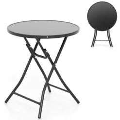 Ø 59 cm Runder Bistrotisch mit Tischplatte aus Gehärtetem Glas & Robustem Metallrahmen