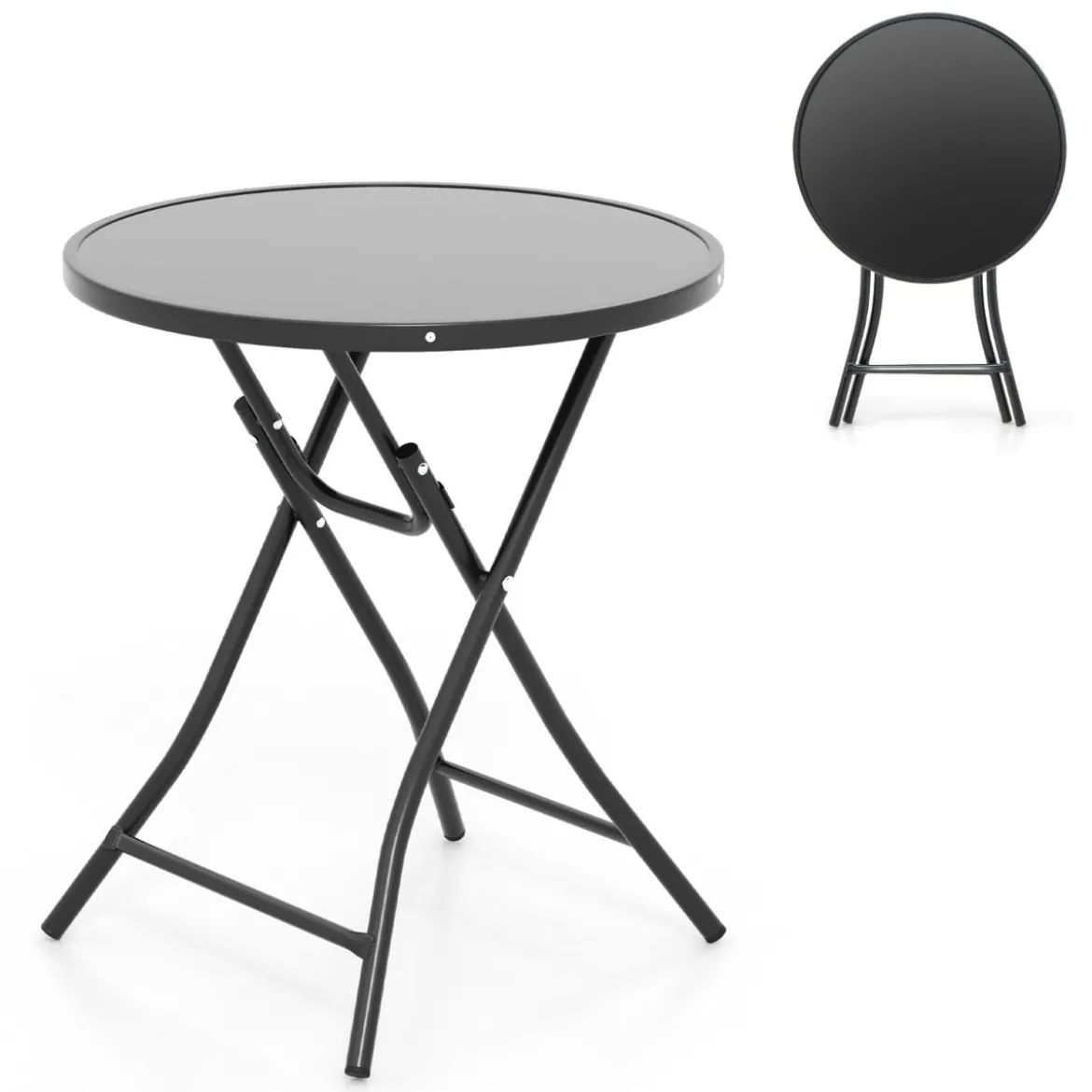 Ø 59 cm Runder Bistrotisch mit Tischplatte aus Gehärtetem Glas & Robustem Metallrahmen