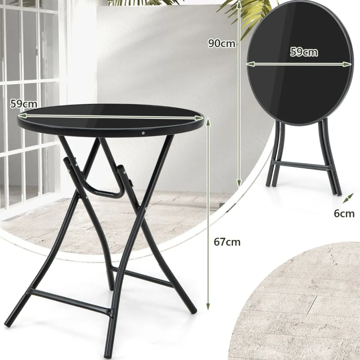 Ø 59 cm Runder Bistrotisch mit Tischplatte aus Gehärtetem Glas & Robustem Metallrahmen