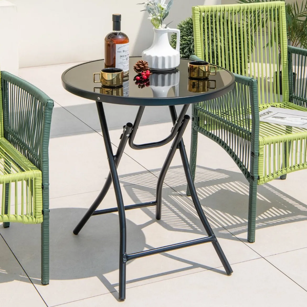 Ø 59 cm Runder Bistrotisch mit Tischplatte aus Gehärtetem Glas & Robustem Metallrahmen