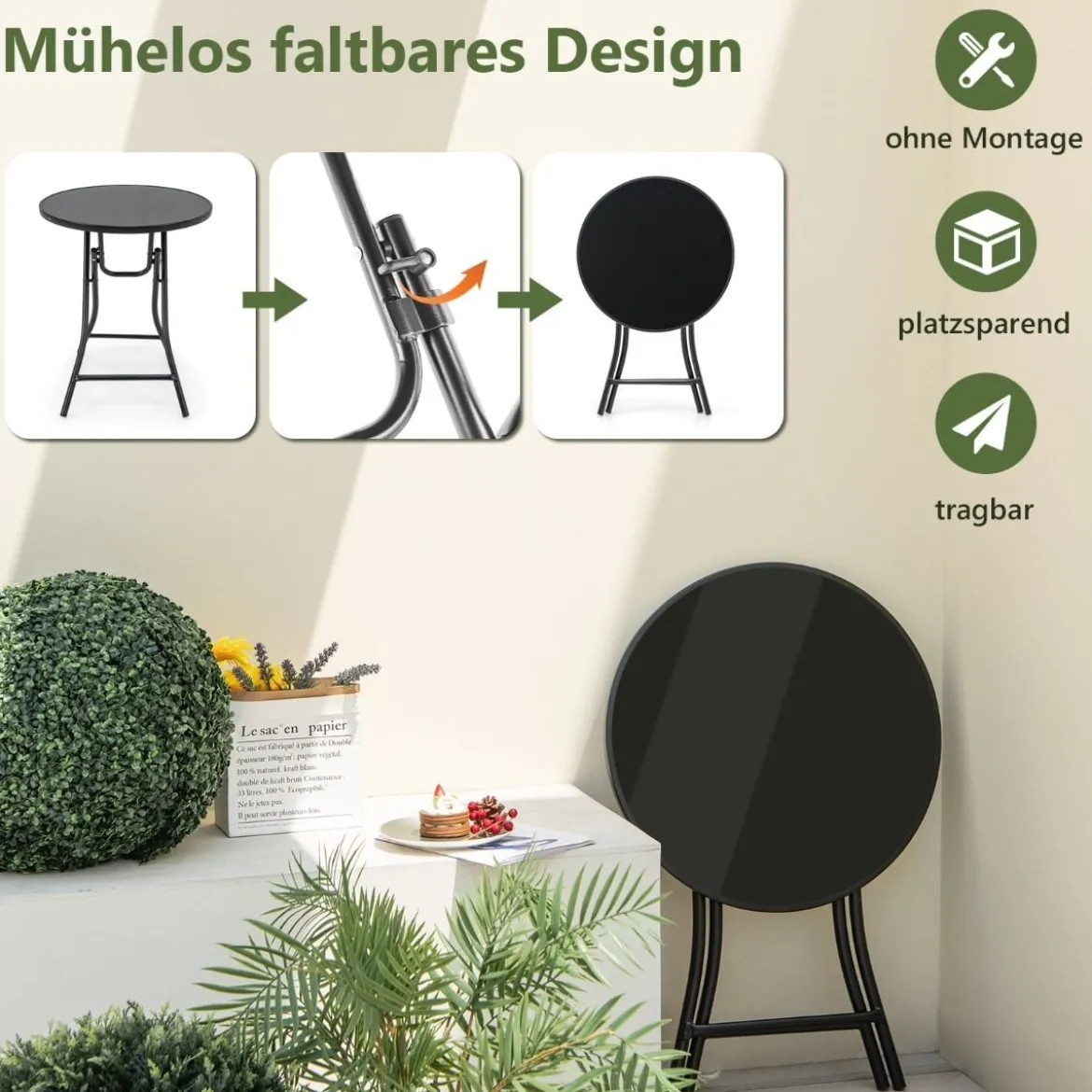 Ø 59 cm Runder Bistrotisch mit Tischplatte aus Gehärtetem Glas & Robustem Metallrahmen