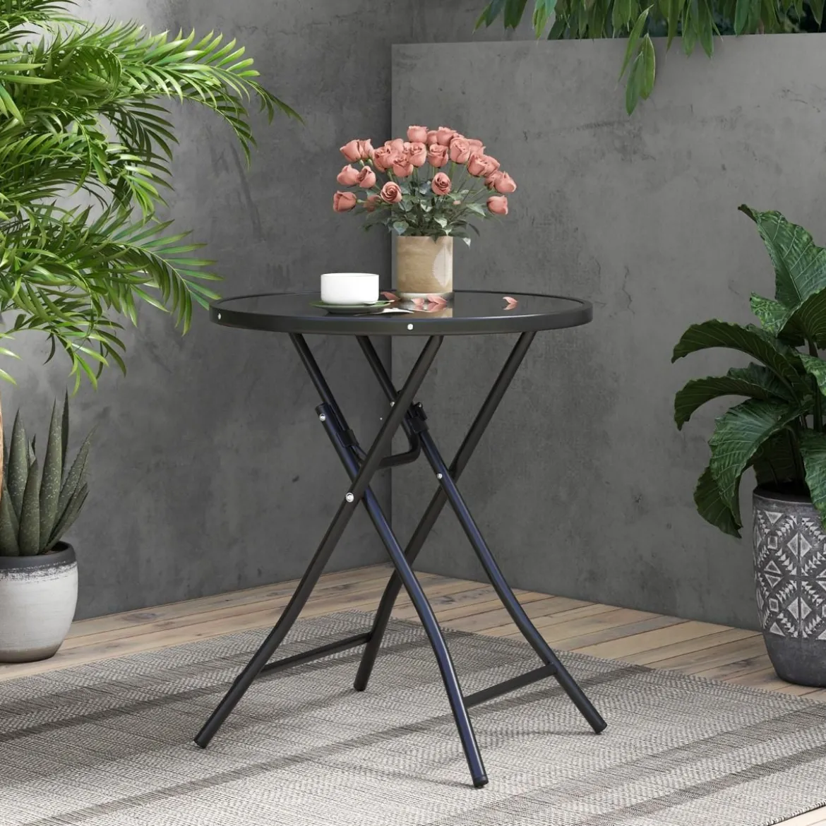 Ø 59 cm Runder Bistrotisch mit Tischplatte aus Gehärtetem Glas & Robustem Metallrahmen