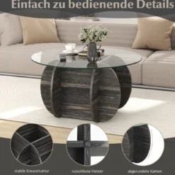 φ89cm Runder Couchtisch mit Gehärteter Glasplatte & Massivholz-Basis Moderner Sofatisch