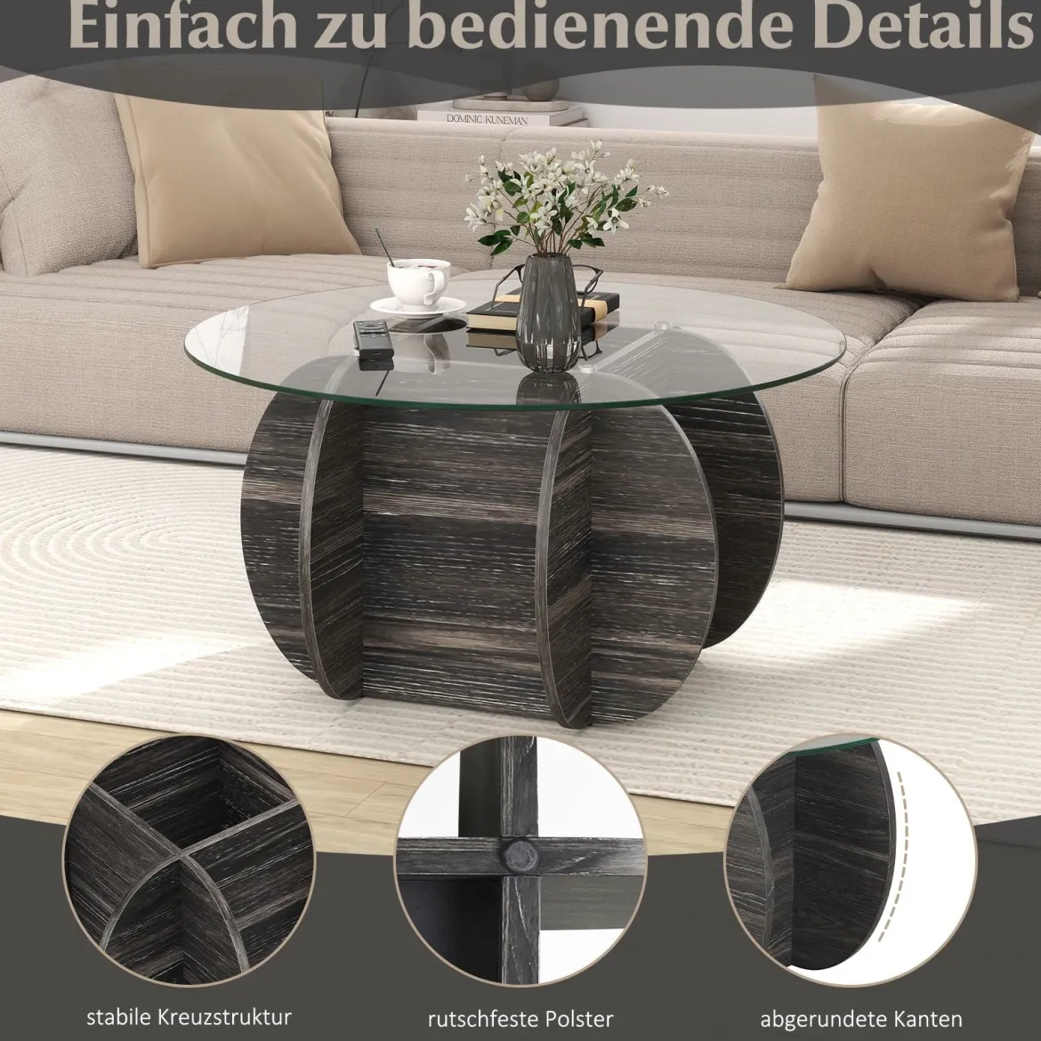 φ89cm Runder Couchtisch mit Gehärteter Glasplatte & Massivholz-Basis Moderner Sofatisch