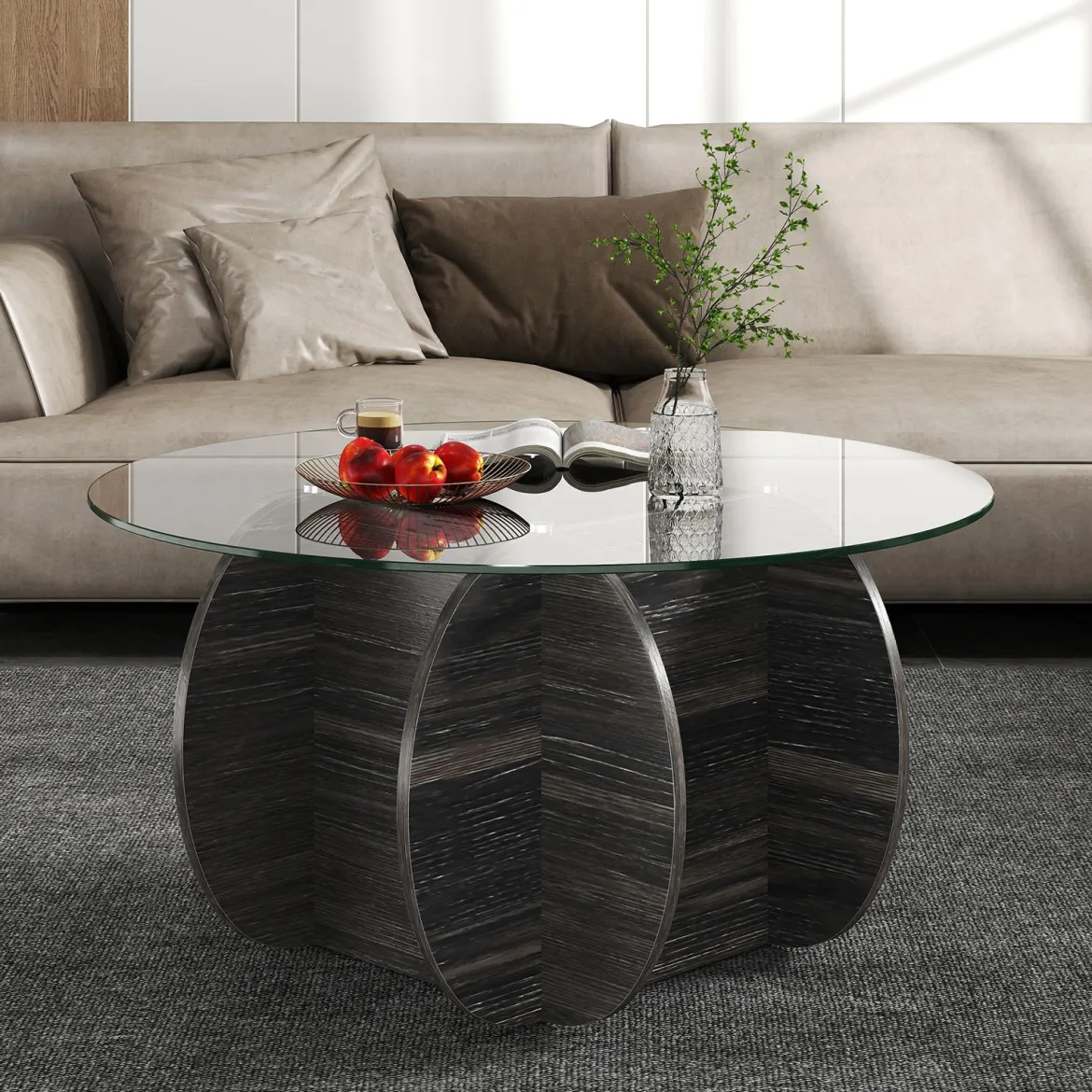 φ89cm Runder Couchtisch mit Gehärteter Glasplatte & Massivholz-Basis Moderner Sofatisch