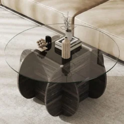 φ89cm Runder Couchtisch mit Gehärteter Glasplatte & Massivholz-Basis Moderner Sofatisch