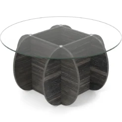 φ89cm Runder Couchtisch mit Gehärteter Glasplatte & Massivholz-Basis Moderner Sofatisch