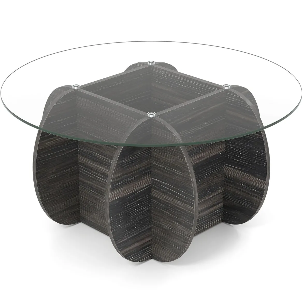 φ89cm Runder Couchtisch mit Gehärteter Glasplatte & Massivholz-Basis Moderner Sofatisch