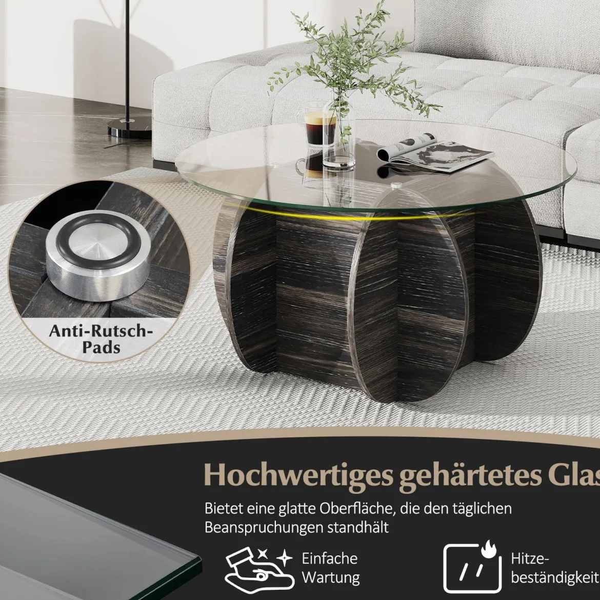 φ89cm Runder Couchtisch mit Gehärteter Glasplatte & Massivholz-Basis Moderner Sofatisch