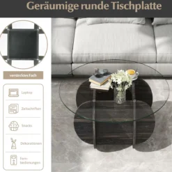 φ89cm Runder Couchtisch mit Gehärteter Glasplatte & Massivholz-Basis Moderner Sofatisch