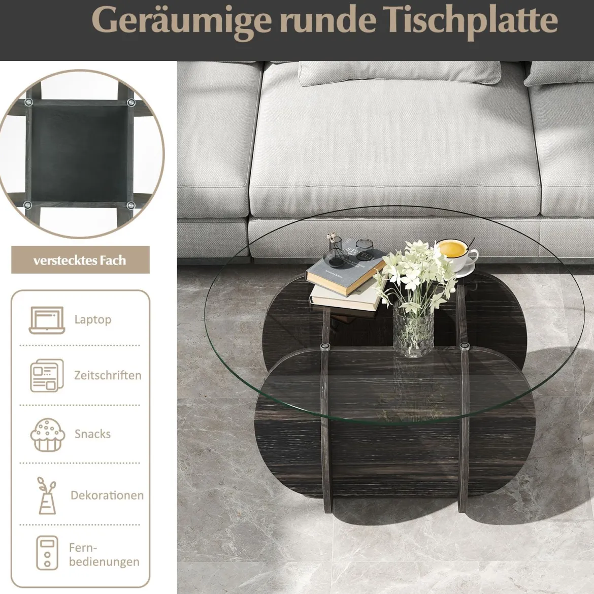 φ89cm Runder Couchtisch mit Gehärteter Glasplatte & Massivholz-Basis Moderner Sofatisch