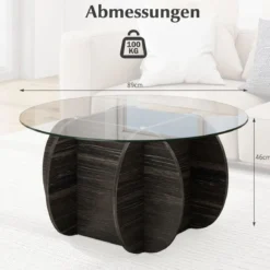 φ89cm Runder Couchtisch mit Gehärteter Glasplatte & Massivholz-Basis Moderner Sofatisch
