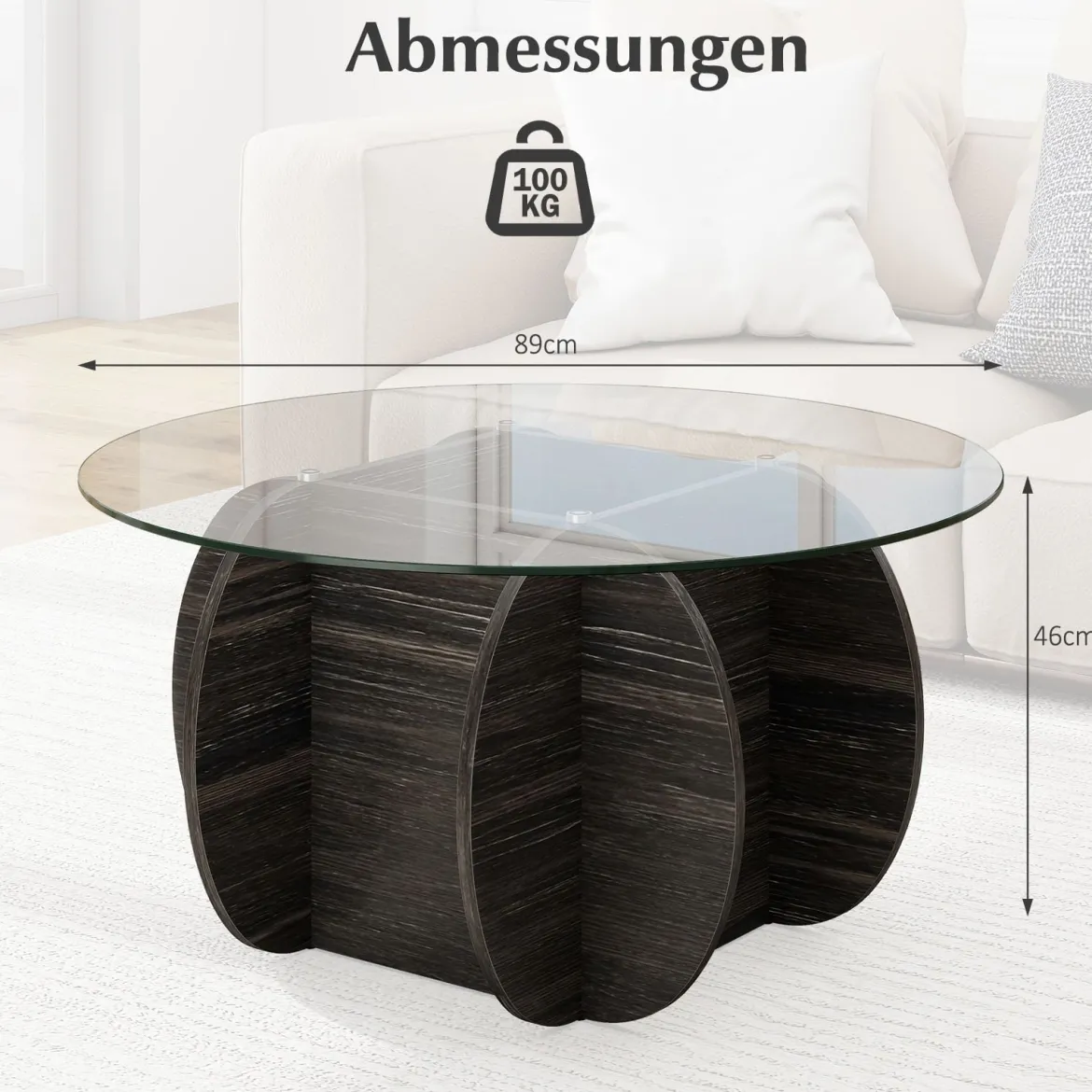 φ89cm Runder Couchtisch mit Gehärteter Glasplatte & Massivholz-Basis Moderner Sofatisch