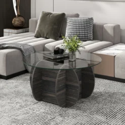 φ89cm Runder Couchtisch mit Gehärteter Glasplatte & Massivholz-Basis Moderner Sofatisch