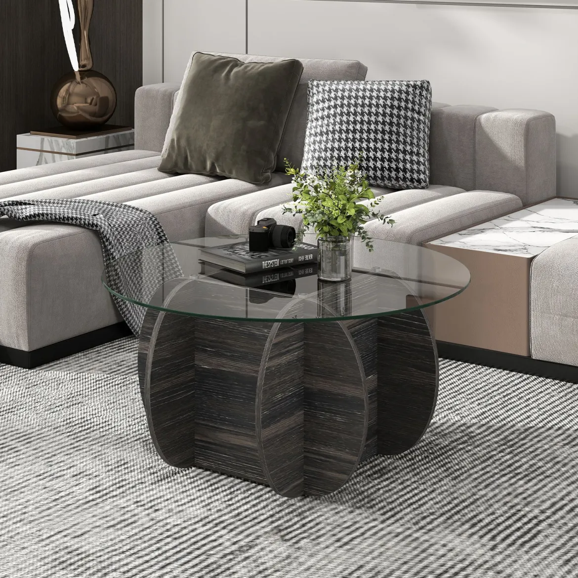 φ89cm Runder Couchtisch mit Gehärteter Glasplatte & Massivholz-Basis Moderner Sofatisch