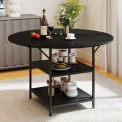 120 cm Runder Esstisch für 4-6 Personen mit 2-lagigem Ablagefach & Metallgestell Küchentisch Schwarz