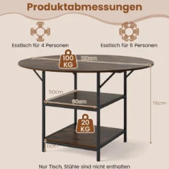 120 cm Runder Esstisch für 4-6 Personen mit 2-lagigem Ablagefach & Metallgestell Küchentisch Braun
