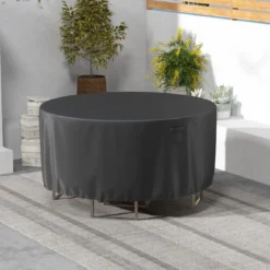 Ø 183 cm Runde Terrassenmöbel-Abdeckung mit Lüftungsschlitzen & Schnallen & Kordeln Schwarz