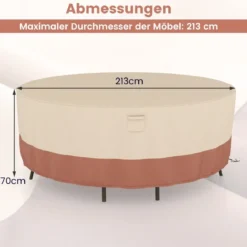 Ø 213 cm Runde Terrassenmöbel-Abdeckung mit Lüftungsschlitzen & Schnallen & Kordeln Beige