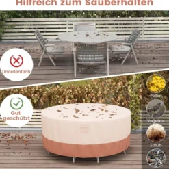 Ø 213 cm Runde Terrassenmöbel-Abdeckung mit Lüftungsschlitzen & Schnallen & Kordeln Beige
