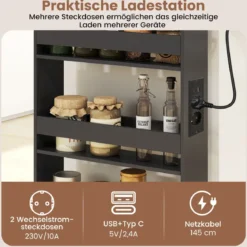 13 cm schlanker Aufbewahrungswagen mit Ladestation 4-stufiger rollbarer Küchenwagen mit Griff Grau