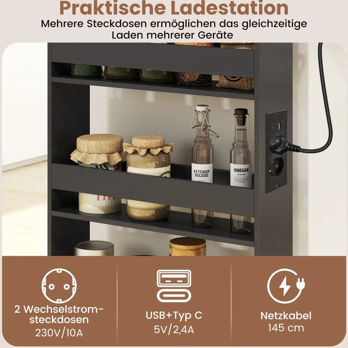 13 cm schlanker Aufbewahrungswagen mit Ladestation 4-stufiger rollbarer Küchenwagen mit Griff Grau