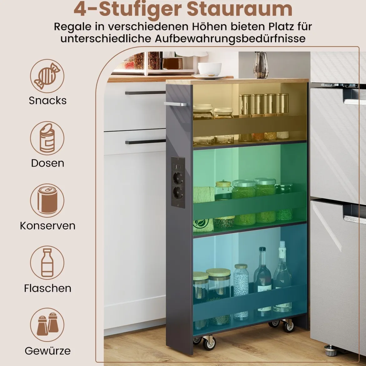 13 cm schlanker Aufbewahrungswagen mit Ladestation 4-stufiger rollbarer Küchenwagen mit Griff Grau