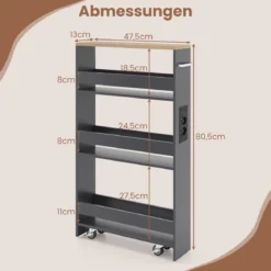 13 cm schlanker Aufbewahrungswagen mit Ladestation 4-stufiger rollbarer Küchenwagen mit Griff Grau