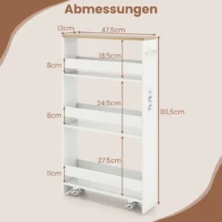 13 cm schlanker Aufbewahrungswagen mit Ladestation 4-stufiger rollbarer Küchenwagen mit Griff Natur + Weiß