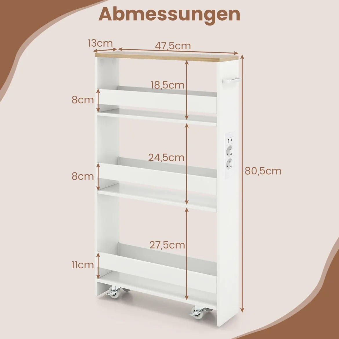 13 cm schlanker Aufbewahrungswagen mit Ladestation 4-stufiger rollbarer Küchenwagen mit Griff Natur + Weiß