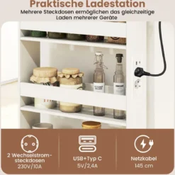 13 cm schlanker Aufbewahrungswagen mit Ladestation 4-stufiger rollbarer Küchenwagen mit Griff Natur + Weiß