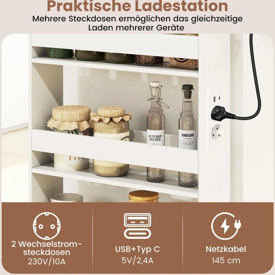 13 cm schlanker Aufbewahrungswagen mit Ladestation 4-stufiger rollbarer Küchenwagen mit Griff Natur + Weiß