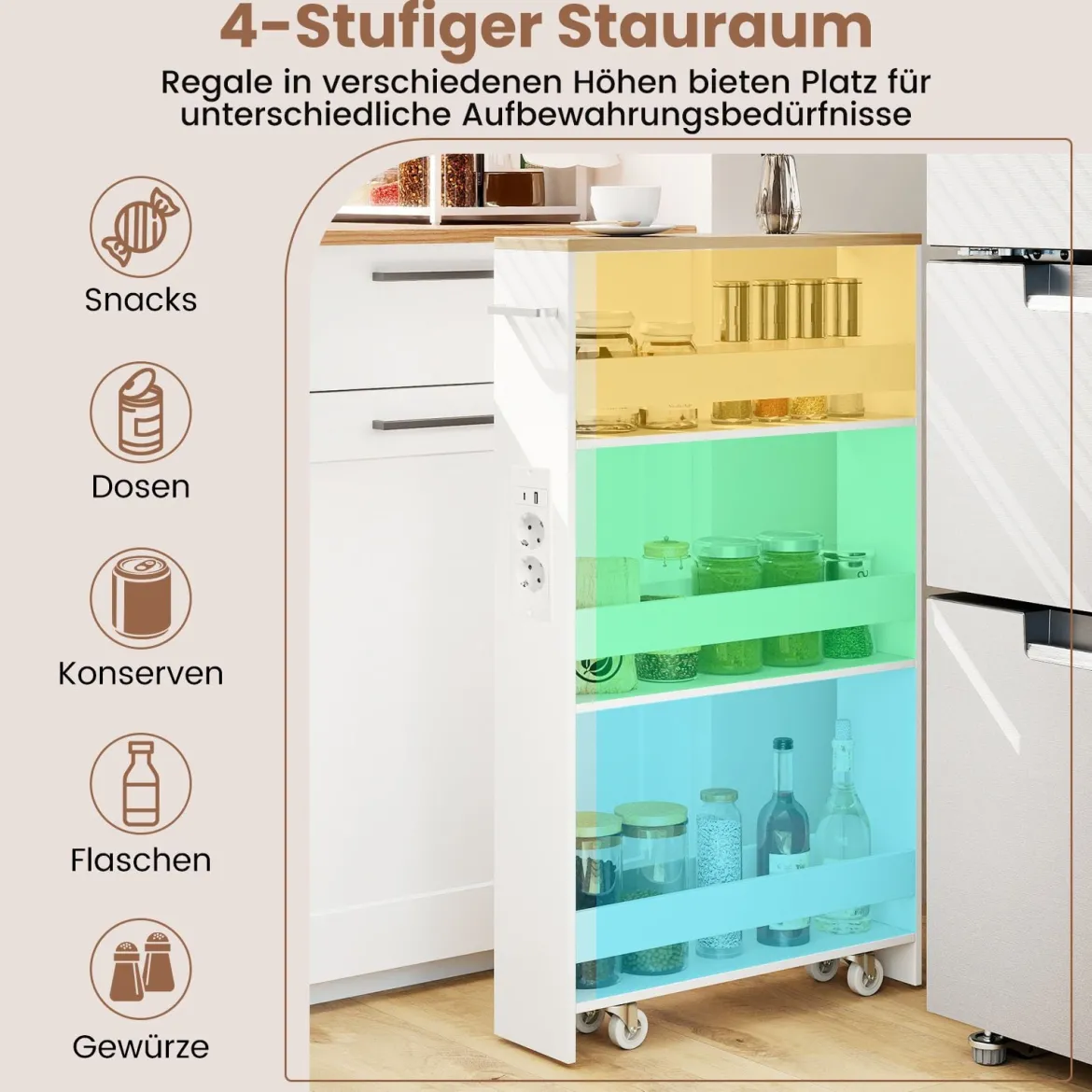 13 cm schlanker Aufbewahrungswagen mit Ladestation 4-stufiger rollbarer Küchenwagen mit Griff Natur + Weiß